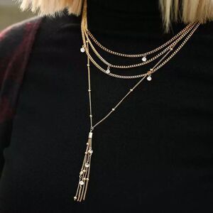 Ettika X Rachel Zoe Chloe Tassel Necklace Yellow Gold Layered Lariat Collar